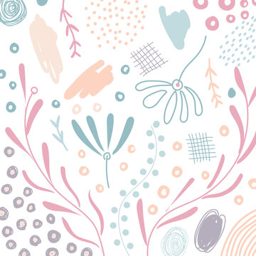 Abstract hand drawn scribble organic shape floral, leaves, natural elements pastel color on white background © rarinlada