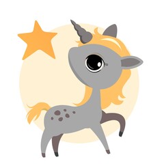 Little baby unicorn. Isolated object on a white background. Cheerful kind animal child. Cartoons flat style. Funny. Vector