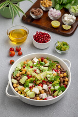salad made of green veggies, lettuce, cottage cheese, beans, and legumes