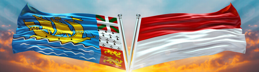 Saint-Pierre and Miquelon Flag with Monaco Flag and large Gradient Double Flag  