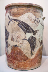 Ancient cylidrical pithoi with dolphins and lilies from Akrotiri, Santoroni, Cyclades, Greece