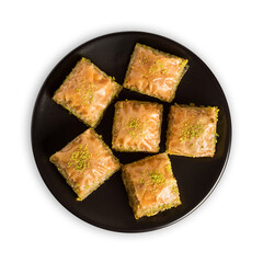BAKLAVA. Traditional Turkish Desserts Baklava. Crispy pistachio baklava on white background.