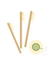 A set of bamboo toothbrushes. Oral hygiene. Paste on the brush. Dentistry. Bath and dental care. Healthy teeth. Brushes and dental floss. Vector illustration. Isolated.