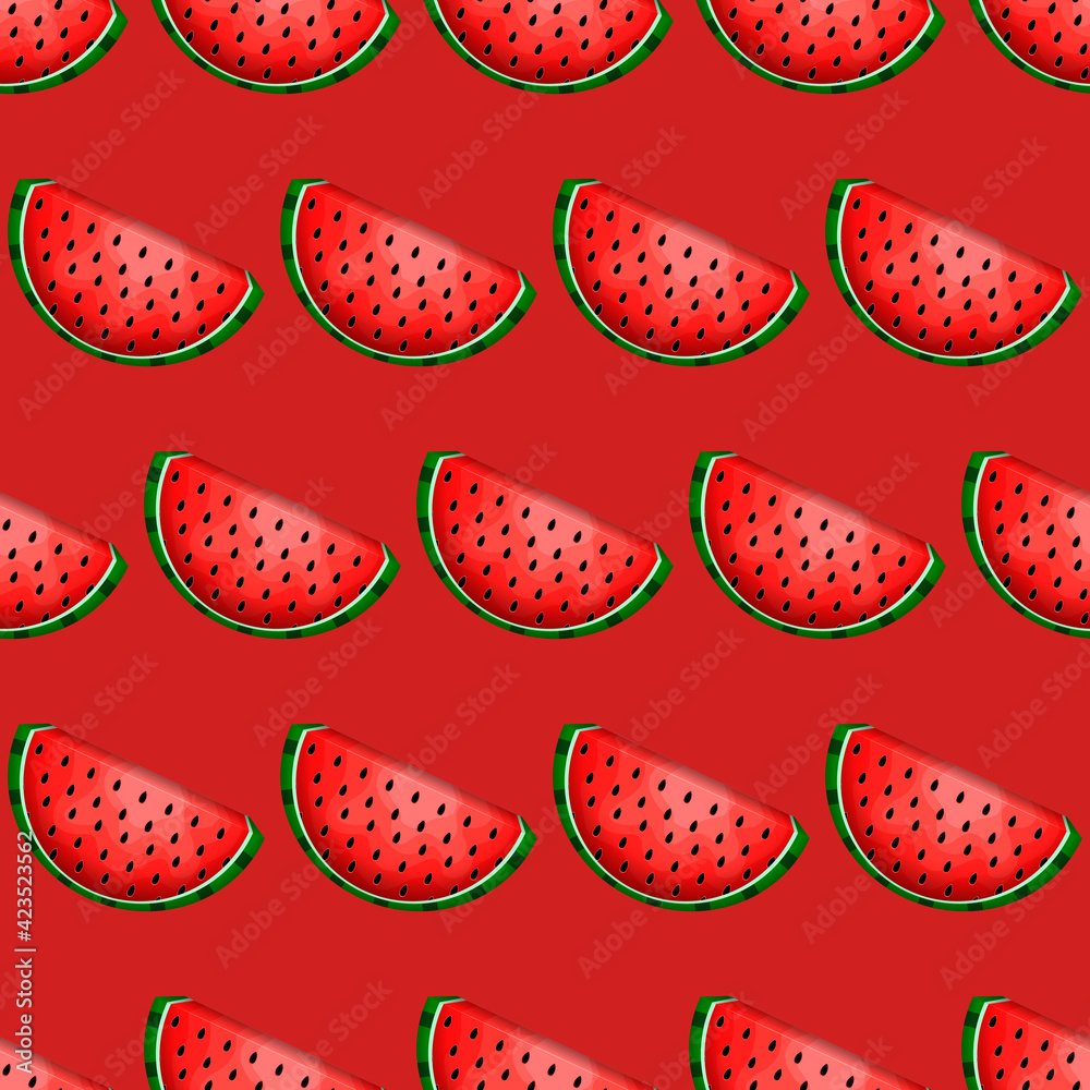 Poster watermelon pattern. red background watermelon seamles slices.