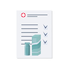 Medical bill, doctor's prescription, or checklist. The pharmaceutical document is marked with check marks. Dscription of medicines and dosage of taking tablets and pills. Vector