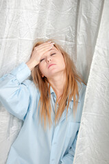 Fototapeta premium Alluring sexy woman in man boyfriend shirt at home at morning.