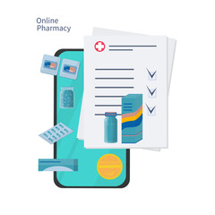 Online pharmacy, medical bill, price list, invoice and payment. Buying medicines from the list. Receipt on the phone screen. Electronic medical document with tablets, capsules, blister pack and pills.
