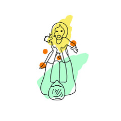 Abstract line drawing of a father holding a child high in his arms, children are flowers of life; tenderness; the joy of life; childhood.