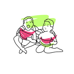 Abstract line drawing two boys eating watermelon, summer time, friends, brothers, sibling, older brother, younger brother.