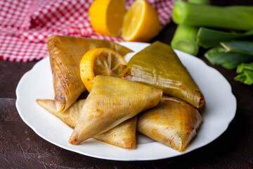 A delicious gourmet meal from traditional Turkish cuisine; Stuffed leek (Turkish name; Pirasa dolmasi, muska shaped pirasa)