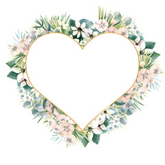 Heart-shaped frame with small flowers of actinidia, bouvardia, tropical and palm leaves. Wedding bouquet in a frame for the design of a stylish invitation. Watercolour illustration