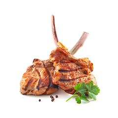 Grilled veal meat ribs cutlets with ingredients isolated on white background