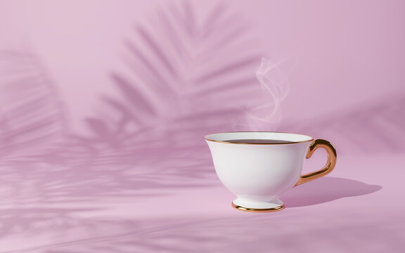 Porcelain cup with gold accents on a pink background with a shadow from a palm tree. 3d render