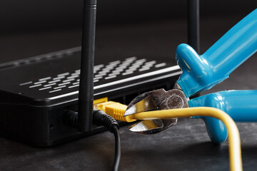 Cutting and disconnecting the network Internet connection with cutting pliers.