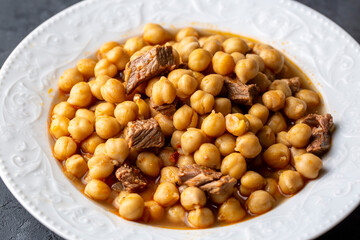 Traditional delicious Turkish foods; Turkish Food Chickpeas with Meat. Turkish name; Etli nohut