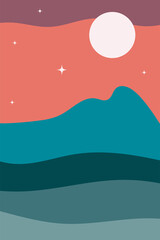 Abstract landscape. Nature, mountains, sea, moon. Fashionable trendy style, minimalism. Design for social networks, poster, banner, cover. Colored flat vector illustration.