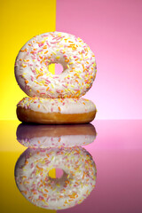 deux donuts blanc sur fond bicolore rose et jaune avec reflet