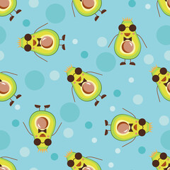 Avocado seamless pattern. Cheerful fruits with soap bubbles for a shower. For textiles, fabrics, packaging. On a blue background. Endless ornament. Vector