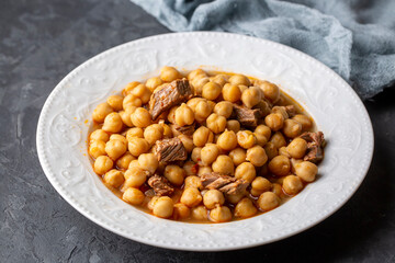 Traditional delicious Turkish foods; Turkish Food Chickpeas with Meat. Turkish name; Etli nohut