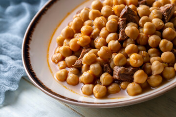 Traditional delicious Turkish foods; Turkish Food Chickpeas with Meat. Turkish name; Etli nohut