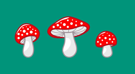 Mushroom icon set. Amanita Muscaria fly agaric sign collection. Magic mushroom symbol. Isolated Vector illustration