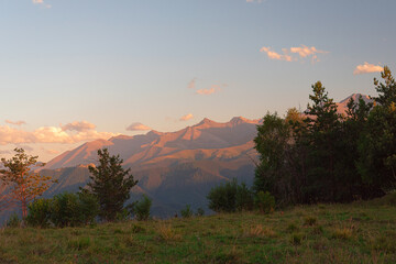 Obraz premium Mountain peaks at sunset in the evening with trees and a small meadow