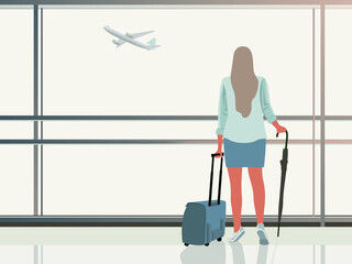 Fototapeta na wymiar At the airport, the girl is waiting for the flight and looks into the distance. Vector illustration. 