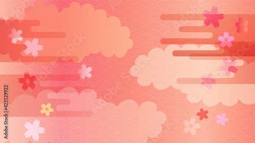 雲と桜と和柄の赤い背景イラスト Wall Mural Wallpaper Murals Hichako