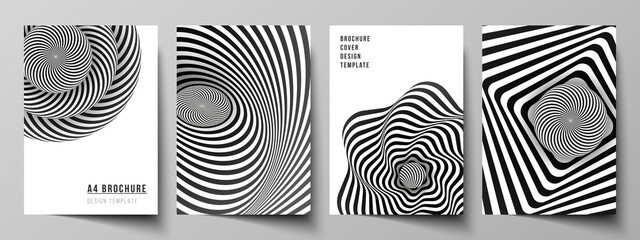 Vector layout of A4 format modern cover mockups design templates for brochure, magazine, flyer, booklet, report. Abstract 3D geometrical background with optical illusion black and white design pattern