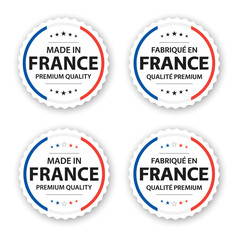 Set of four French labels. Made in France In French Fabriqué En France. Premium quality stickers and symbols with stars. Simple vector illustration isolated on white background