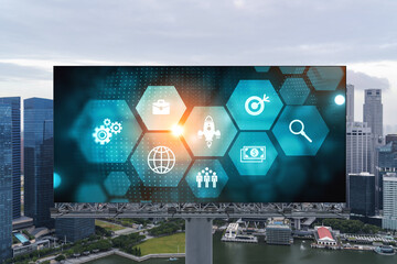 Research and development hologram on billboard over panorama city view of Singapore. The hub of new...