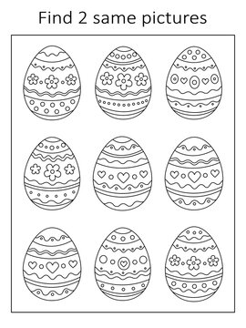 Easter eggs. Find two of the same pictures Black and white illustration. Educational activity game for kids with easter eggs with outline pattern. Coloring Book. Isolated on a white background. Vector