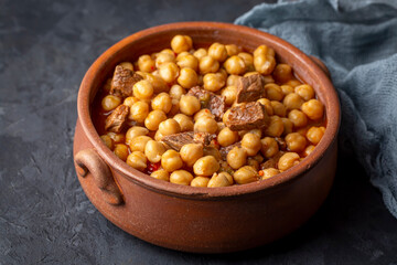 Traditional delicious Turkish foods; Turkish Food Chickpeas with Meat. Turkish name; Etli nohut