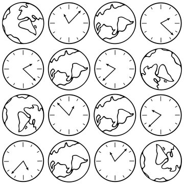 Decorative seamless pattern with stylized watches and Earth in doodle cartoon style. Black contours isolated on a white background. Vector design for web page fill, wallpaper, fabric, packaging paper.