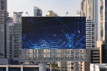 Plakat Technology hologram on billboard over panorama city view of Bangkok. The largest tech hub in Southeast Asia. The concept of developing coding and high-tech science.