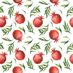 Red pommegranate and green leaves seamless pattern