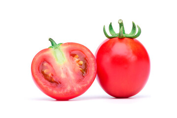 Fresh red tomatoes, whole and also sliced Isolated on white background