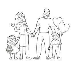 Coloring book: friendly family dad, mom, son, daughter are holding hands. Coloring book for children, vector illustration in cartoon style, black and white isolated line art.