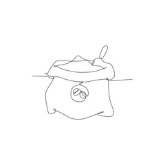 Burlap hessian sack of roasted coffee beans with wooden scoop isolated on white background - continouous one line drawing