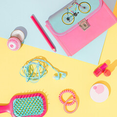 School  crerative layout made with pastel pink and blue accessories. Minimal concept art.