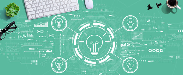 Light bulbs theme with a computer keyboard