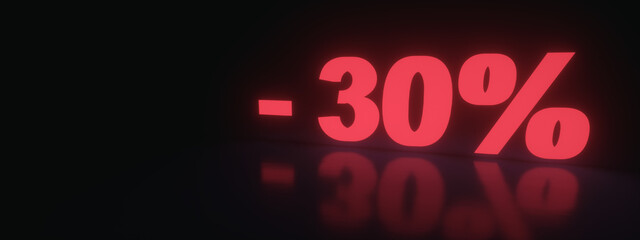 30% discount sale promotion off neon 3d rendered, panoramic image