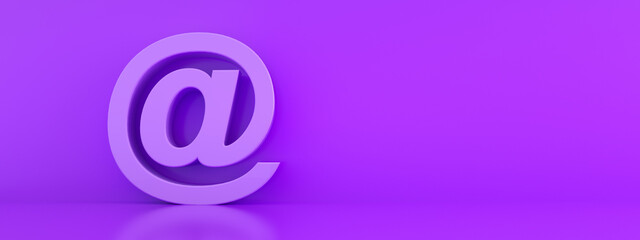purple mail 3d render  design element email sign, @ symbol, panoramic image