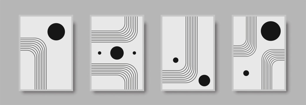 Abstract geometric mid century wall art print set. Black and white poster with geometric shapes for wall art, interior gallery. Artwork for wall decor with neutral colors,minimal. Vector illustration
