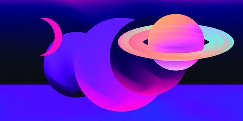 Abstract surrealistic background with space bodies and planets in geometric composition.