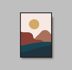 Abstract landscape wall art print. Vector abstract landspace for luxury minimal bedroom interior. Printable boho poster for decor. Artwork with terracotta colors for wallpaper. Vector illustration