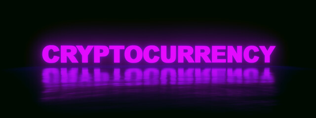 Obraz premium neon cryptocurrency inscription over purple background, panoramic image, 3d rendering