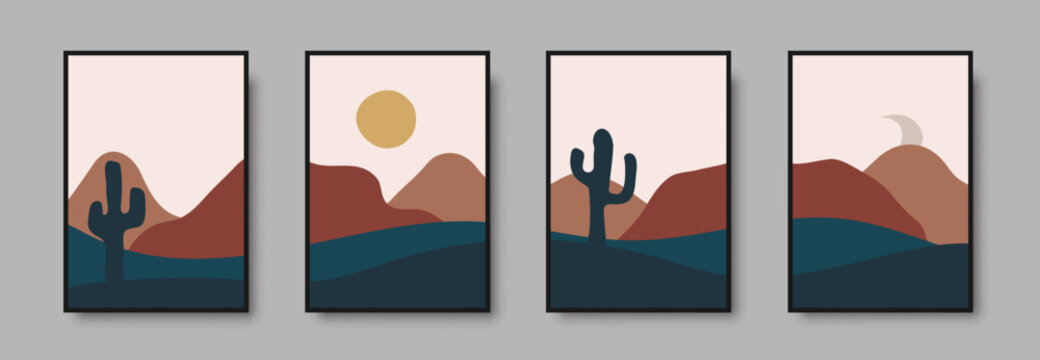 Abstract landscape wall art print set. Vector abstract landspace for luxury minimal bedroom interior. Printable boho poster for decor. Artwork with terracotta colors for wallpaper. Vector illustration