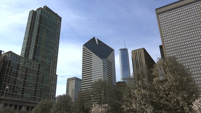 Chicago cityscape from the Michigan Avenue at Millennium Park area with spring blooming trees. Illinois, USA.