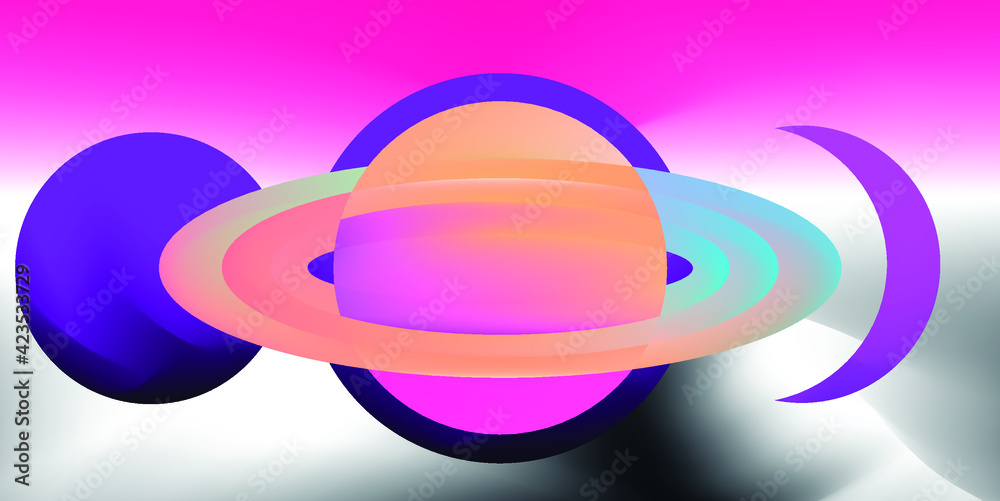Poster abstract surrealistic background with space bodies and planets in geometric composition.